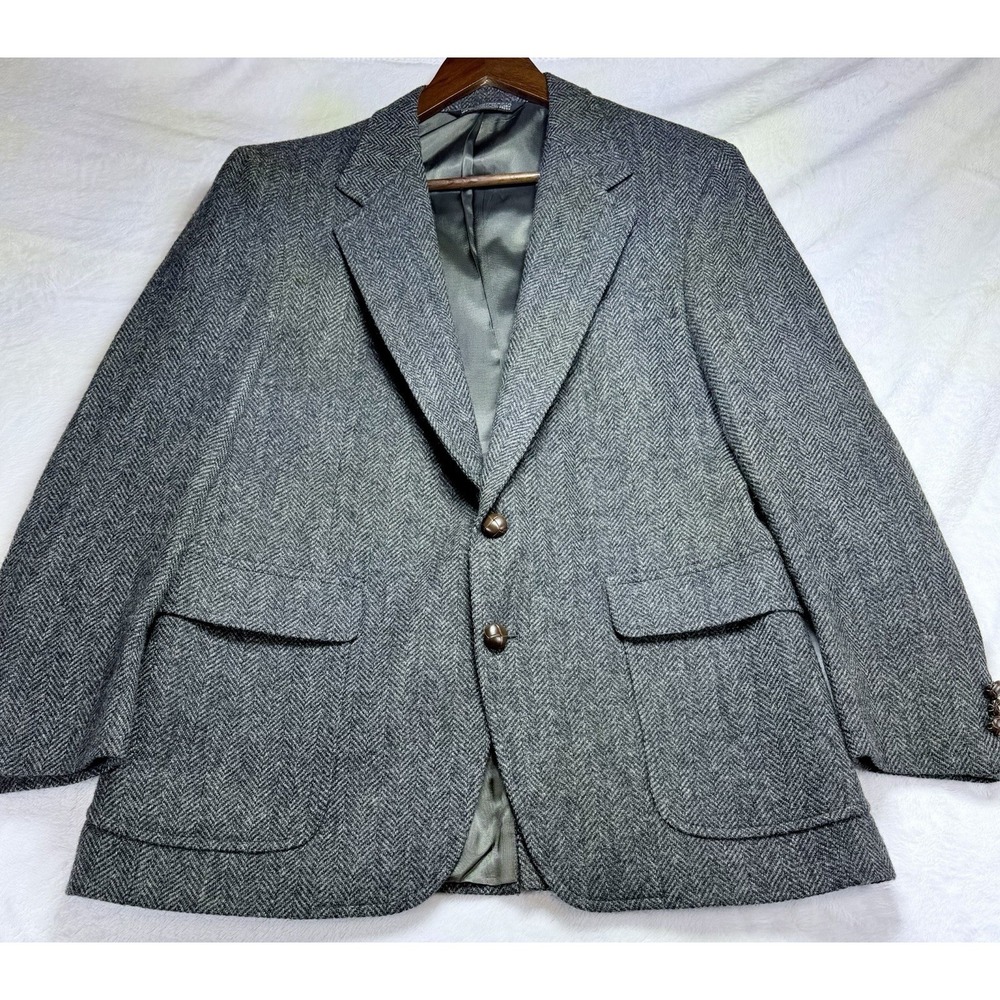 VTG 80s Christian Brooks 40R Herringbone Sport Coat Gray Wool Blazer Made in USA